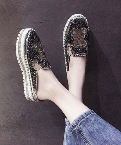 Black Cartoon Zircon Splicing Casual Platform Slide Sandals Ada Fashion