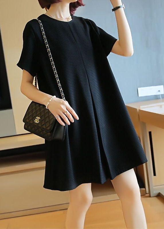 Black Cotton A Line Dress O-Neck Wrinkled Summer LY1422 - fabuloryshop