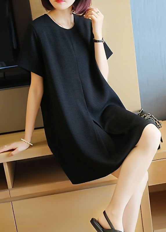 Black Cotton A Line Dress O-Neck Wrinkled Summer LY1422 - fabuloryshop