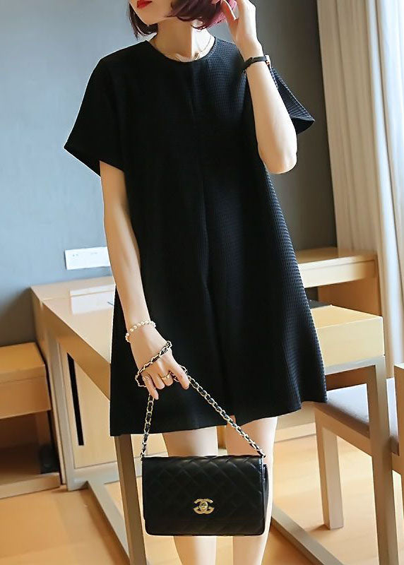 Black Cotton A Line Dress O-Neck Wrinkled Summer LY1422 - fabuloryshop