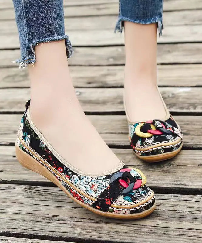 Black Cotton Fabric Print Splicing Boho Wedge Heels Plus Size Ada Fashion