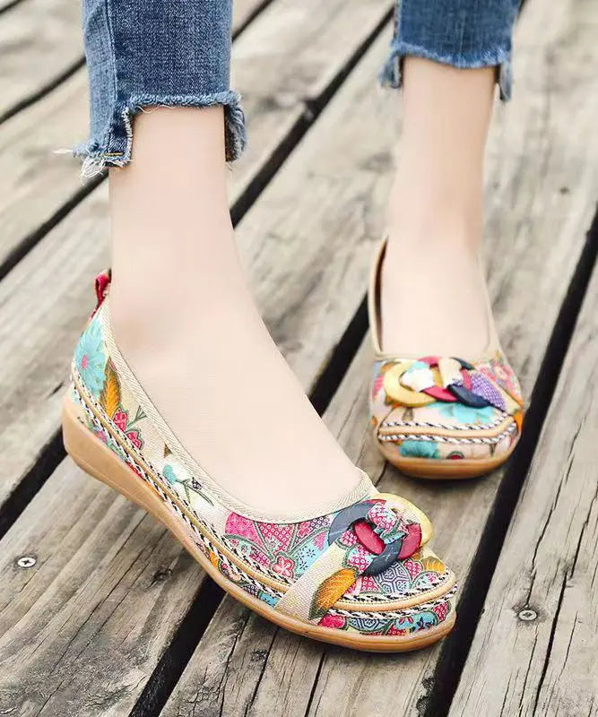 Black Cotton Fabric Print Splicing Boho Wedge Heels Plus Size Ada Fashion