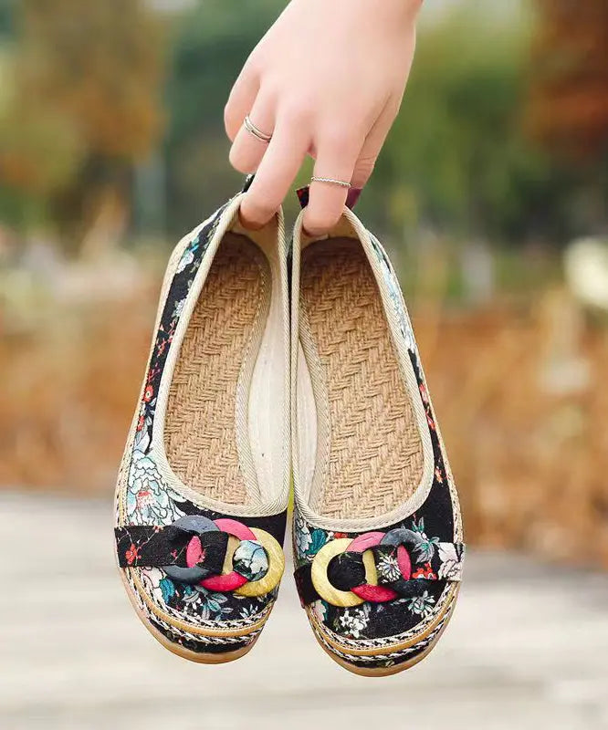 Black Cotton Fabric Print Splicing Boho Wedge Heels Plus Size Ada Fashion