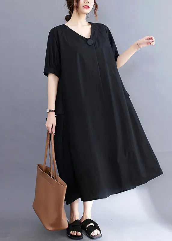 Black Cotton Holiday Dress Oversized Pockets Summer Ada Fashion
