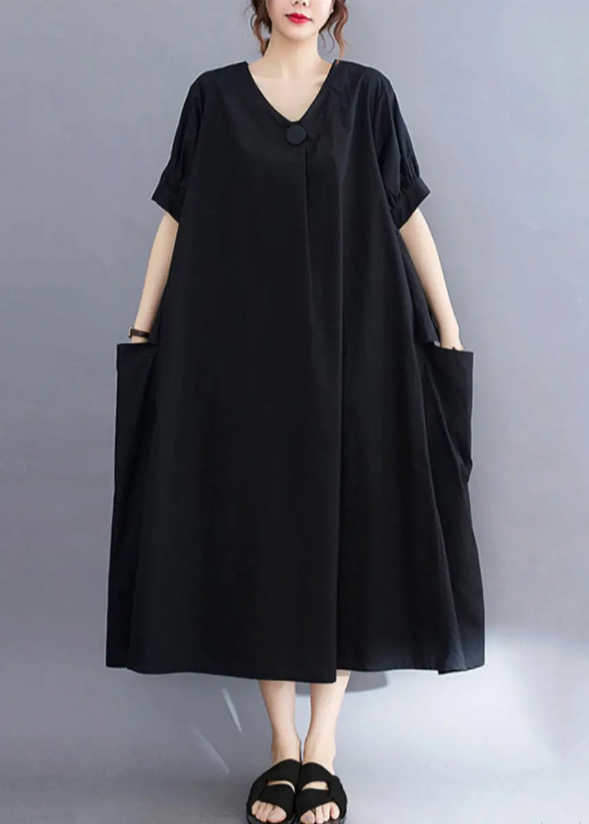 Black Cotton Holiday Dress Oversized Pockets Summer Ada Fashion