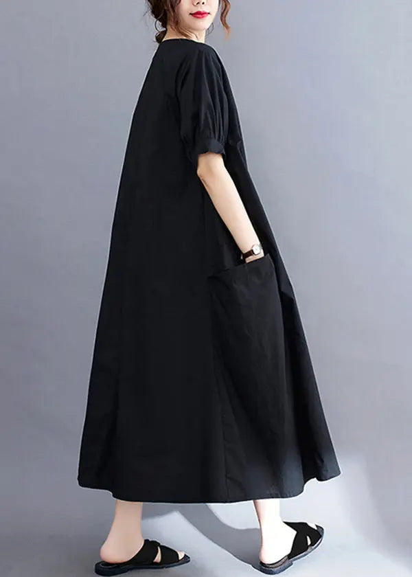 Black Cotton Holiday Dress Oversized Pockets Summer Ada Fashion
