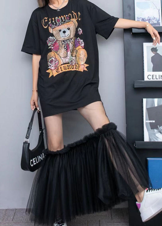 Black Cotton T Shirt Tops And Tulle Skirts Two Pieces Set O-Neck Wrinkled Summer LY3962 - fabuloryshop