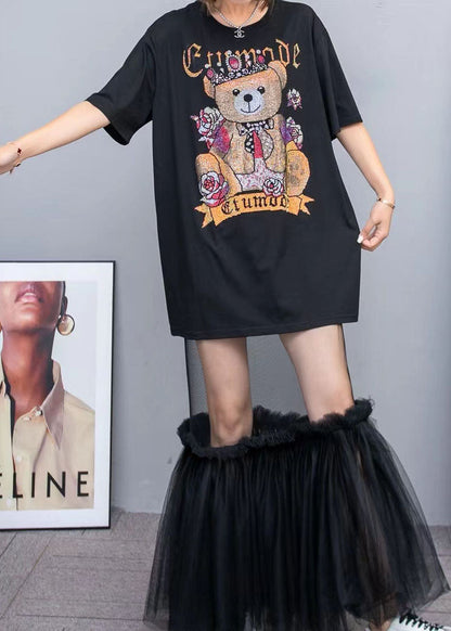 Black Cotton T Shirt Tops And Tulle Skirts Two Pieces Set O-Neck Wrinkled Summer LY3962 - fabuloryshop