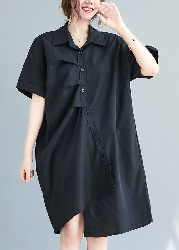Black Cotton Vacation Dresses Asymmetrical Wrinkled Summer LY0655