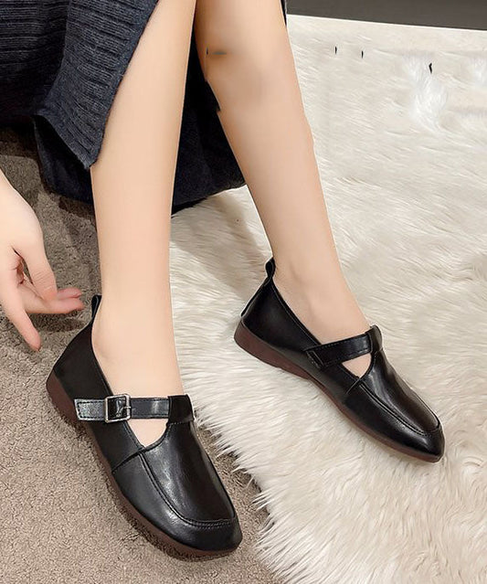 Black Cowhide Leather Flat Feet Shoes Buckle Strap Flat Feet Shoes LC0530 - fabuloryshop