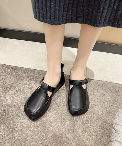 Black Cowhide Leather Flat Feet Shoes Buckle Strap Flat Feet Shoes LC0530 - fabuloryshop