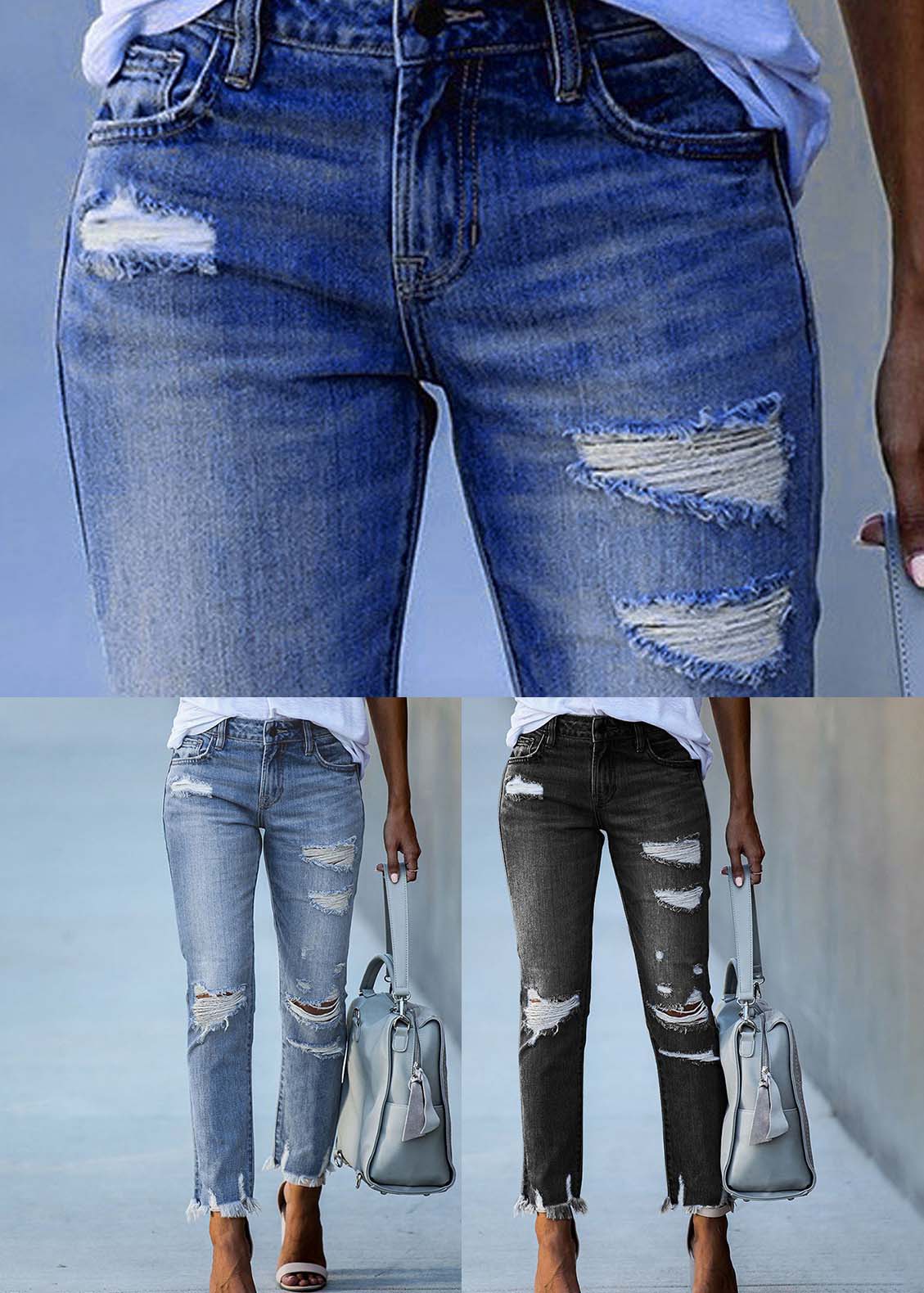 Black Denim Ripped Pants High Waist Summer LY4012 - fabuloryshop