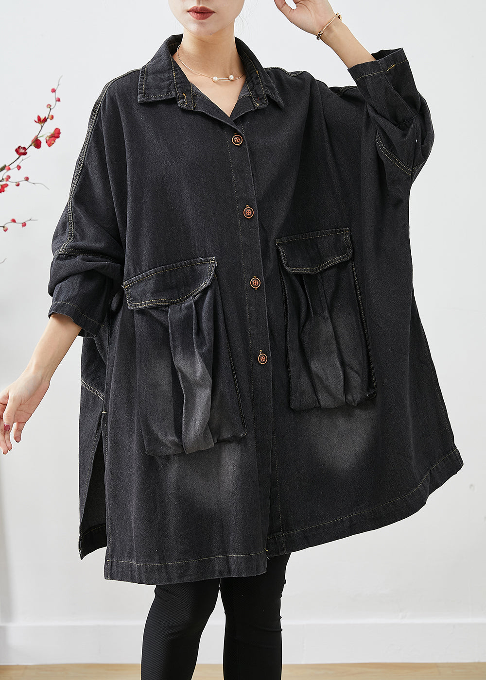 Black Denim Trench Oversized Pockets Batwing Sleeve Ada Fashion