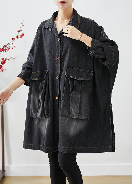 Black Denim Trench Oversized Pockets Batwing Sleeve Ada Fashion