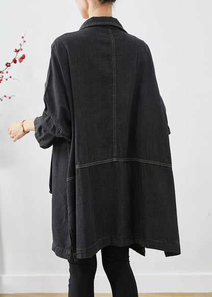 Black Denim Trench Oversized Pockets Batwing Sleeve Ada Fashion