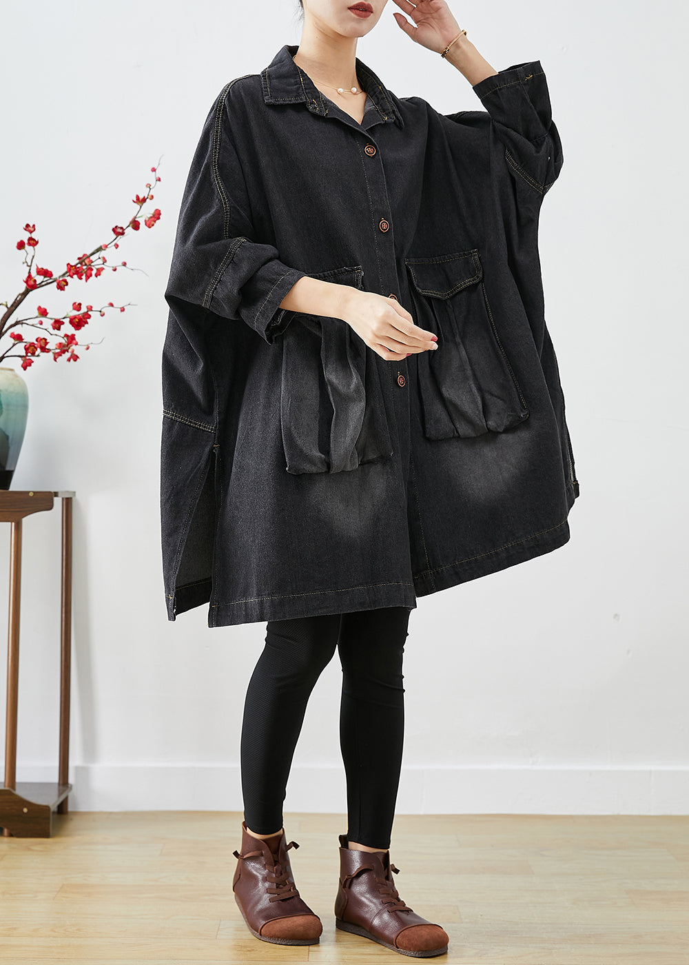 Black Denim Trench Oversized Pockets Batwing Sleeve Ada Fashion