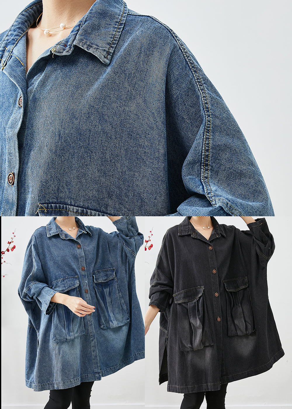 Black Denim Trench Oversized Pockets Batwing Sleeve Ada Fashion