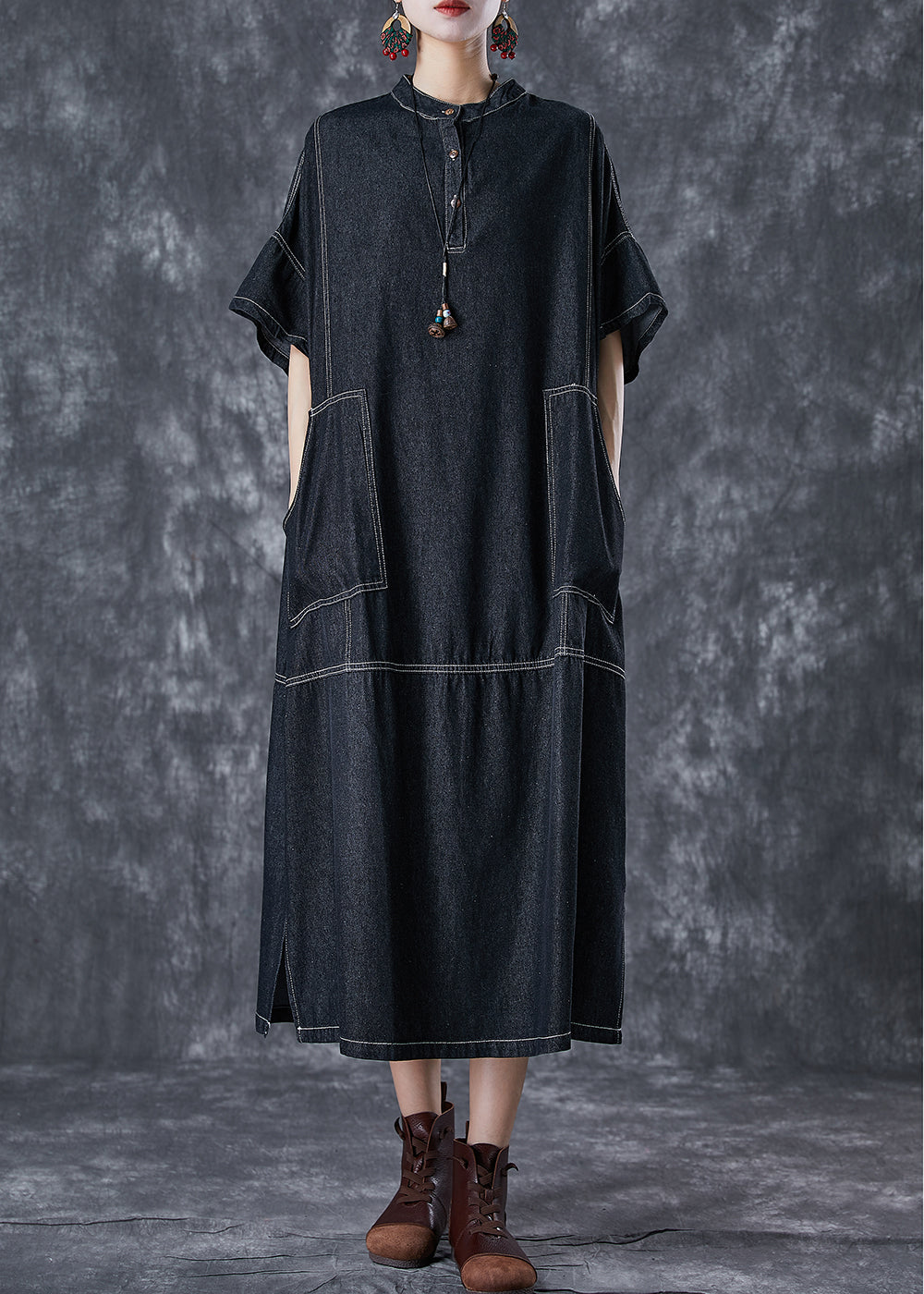 Black Denim Vacation Dresses Stand Collar Pockets Summer LY7035 - fabuloryshop