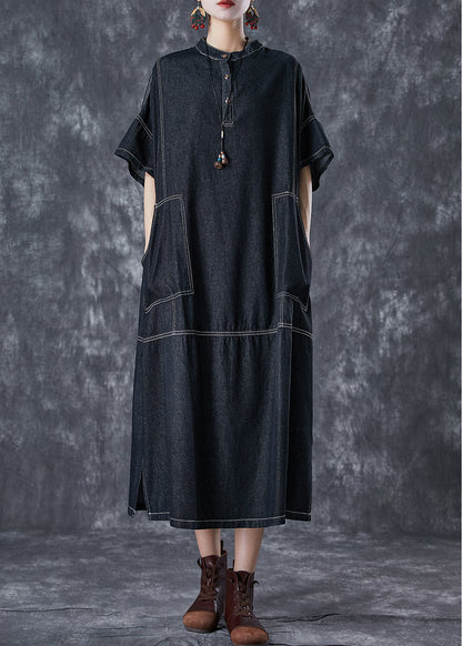 Black Denim Vacation Dresses Stand Collar Pockets Summer LY7035 - fabuloryshop