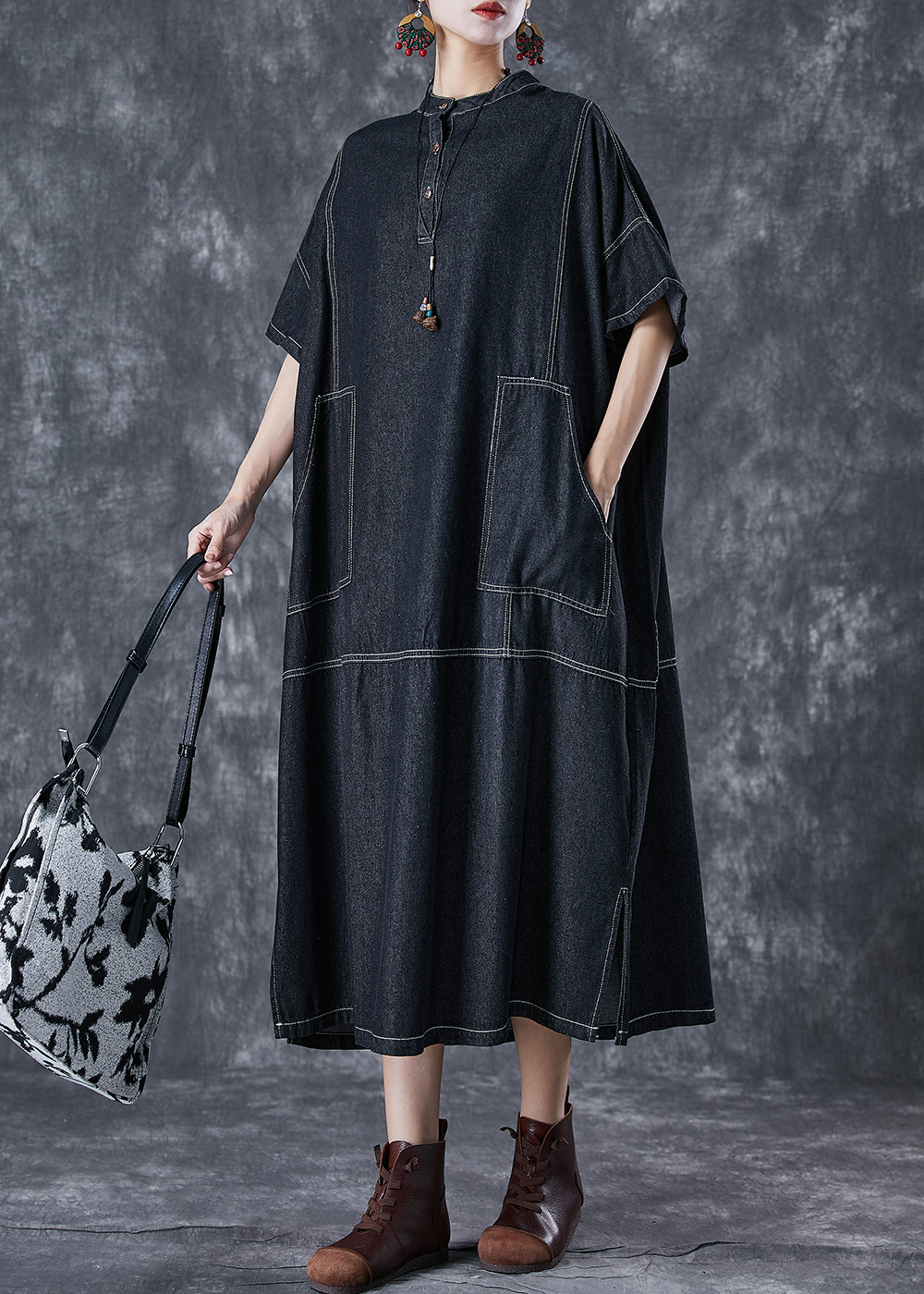 Black Denim Vacation Dresses Stand Collar Pockets Summer LY7035 - fabuloryshop