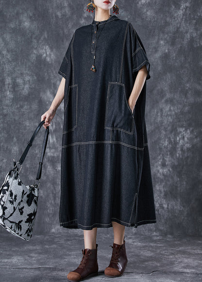 Black Denim Vacation Dresses Stand Collar Pockets Summer LY7035 - fabuloryshop