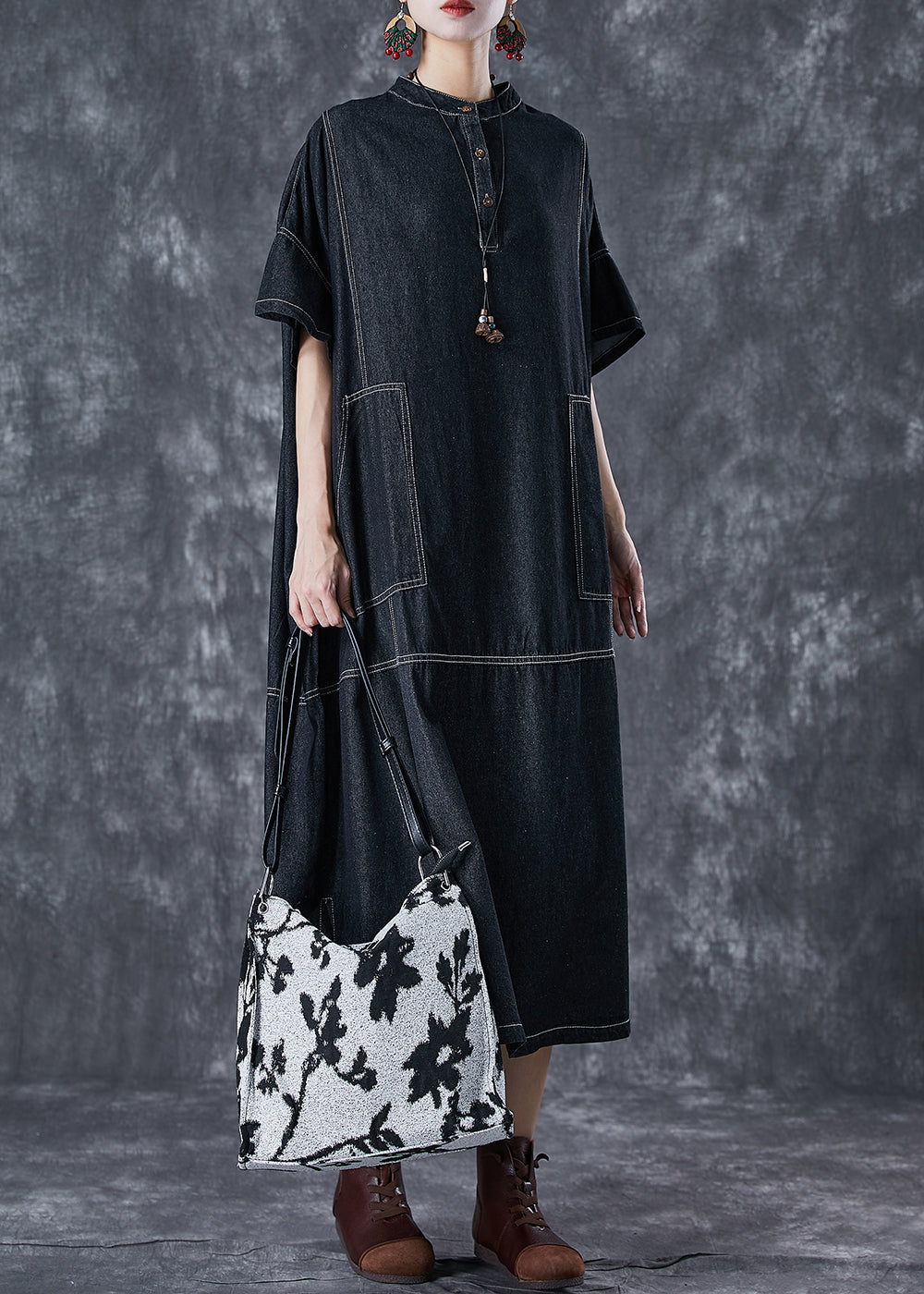 Black Denim Vacation Dresses Stand Collar Pockets Summer LY7035 - fabuloryshop