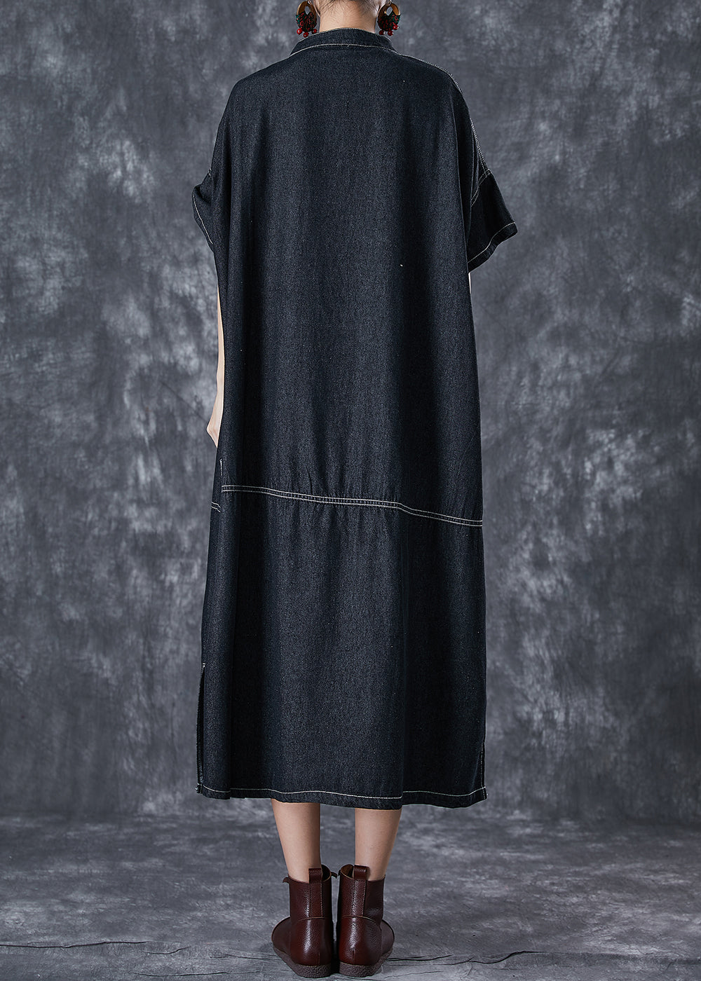 Black Denim Vacation Dresses Stand Collar Pockets Summer LY7035 - fabuloryshop