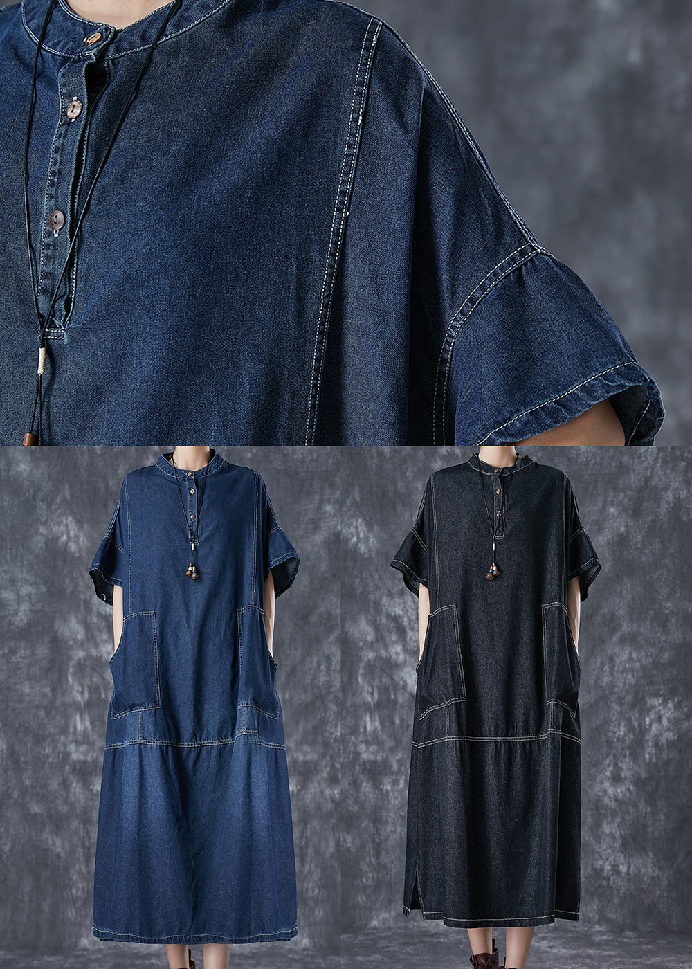 Black Denim Vacation Dresses Stand Collar Pockets Summer LY7035 - fabuloryshop