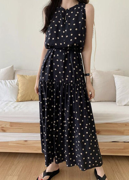 Black Dot Print Cotton Holiday Dresses O Neck Sleeveless LY2063 - fabuloryshop