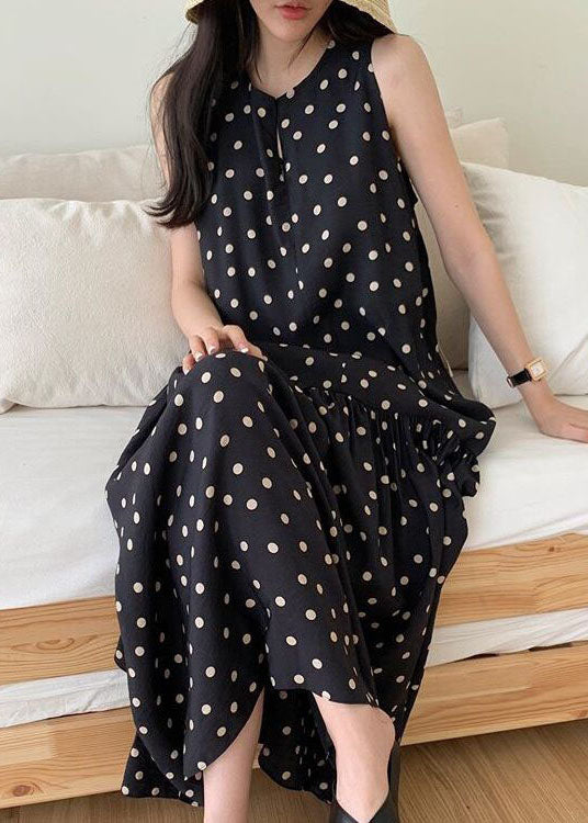 Black Dot Print Cotton Holiday Dresses O Neck Sleeveless LY2063 - fabuloryshop