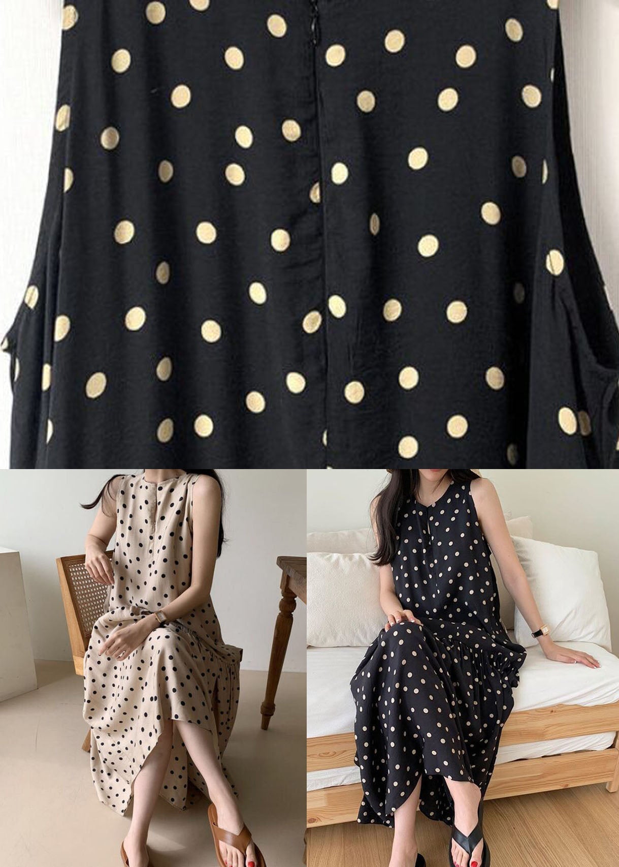 Black Dot Print Cotton Holiday Dresses O Neck Sleeveless LY2063 - fabuloryshop