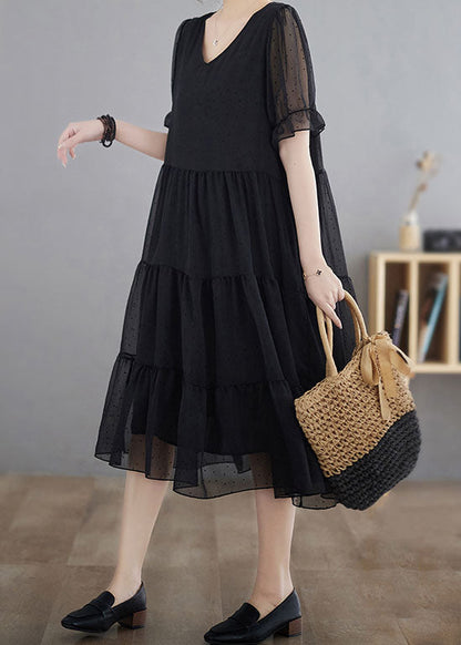 Black Dot Print Patchwork Chiffon Dresses V Neck Wrinkled Summer LY4013 - fabuloryshop