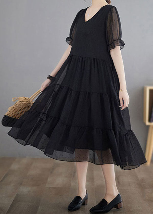 Black Dot Print Patchwork Chiffon Dresses V Neck Wrinkled Summer LY4013 - fabuloryshop