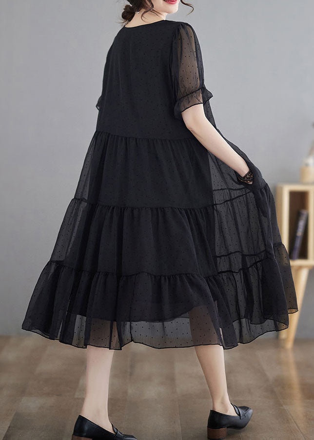 Black Dot Print Patchwork Chiffon Dresses V Neck Wrinkled Summer LY4013 - fabuloryshop