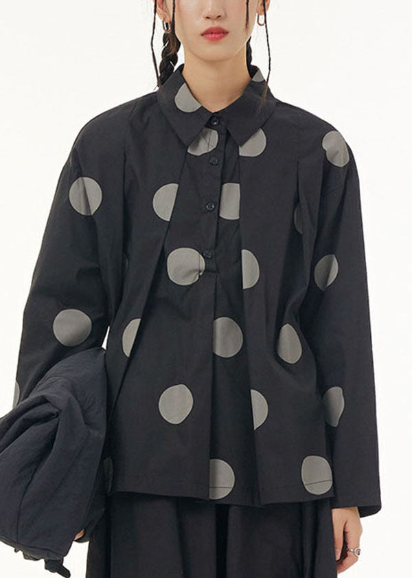 Black Dot Print Patchwork Cotton Shirt Peter Pan Collar Wrinkled Spring LY1143 - fabuloryshop