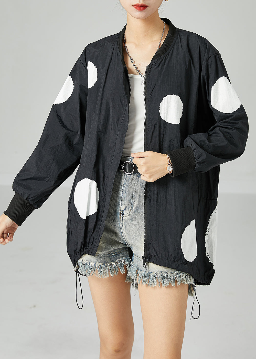 Black Dot Print Silk Jacket Stand Collar Drawstring Spring LY2448 - fabuloryshop