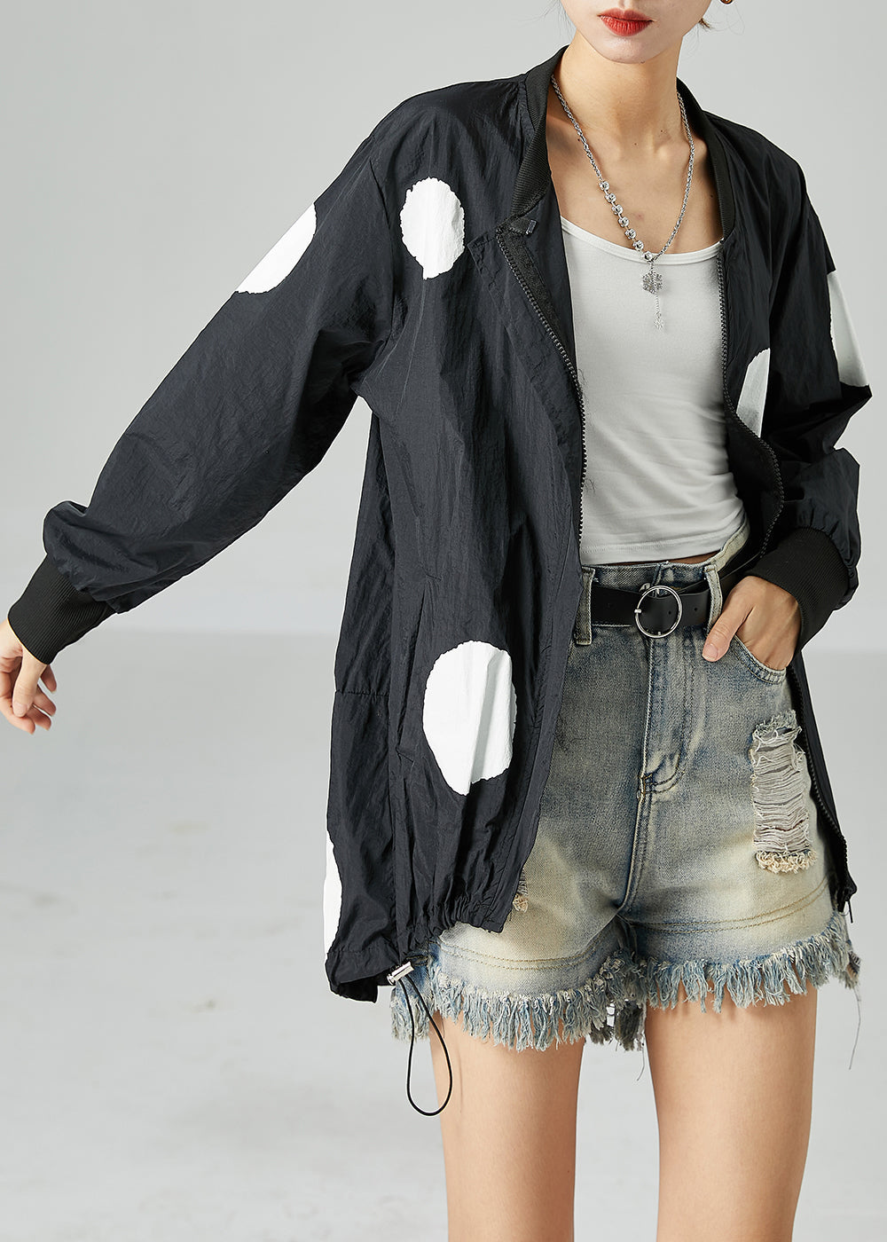 Black Dot Print Silk Jacket Stand Collar Drawstring Spring LY2448 - fabuloryshop