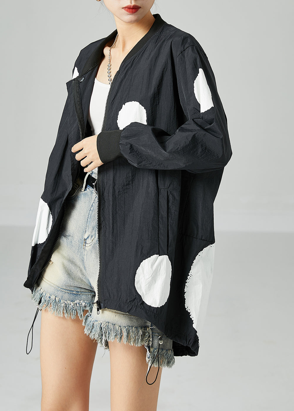 Black Dot Print Silk Jacket Stand Collar Drawstring Spring LY2448 - fabuloryshop