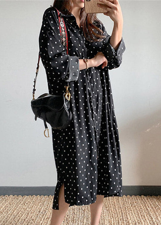 Black Dot Side Open Maxi Dress Long Sleeve LY2060 - fabuloryshop