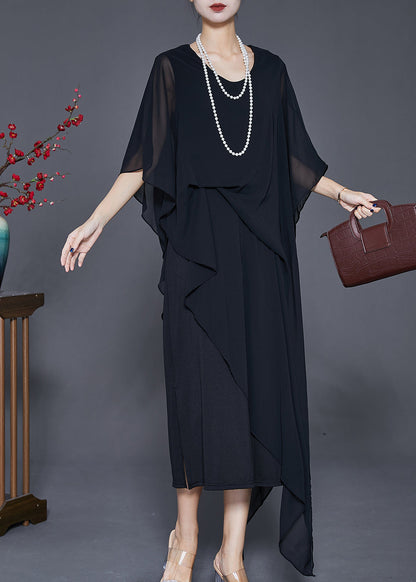 Black Draping Chiffon Robe Dresses Asymmetrical Cloak Sleeves Ada Fashion