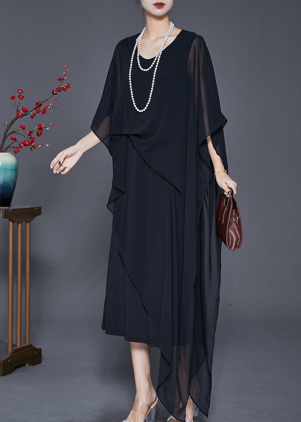 Black Draping Chiffon Robe Dresses Asymmetrical Cloak Sleeves Ada Fashion