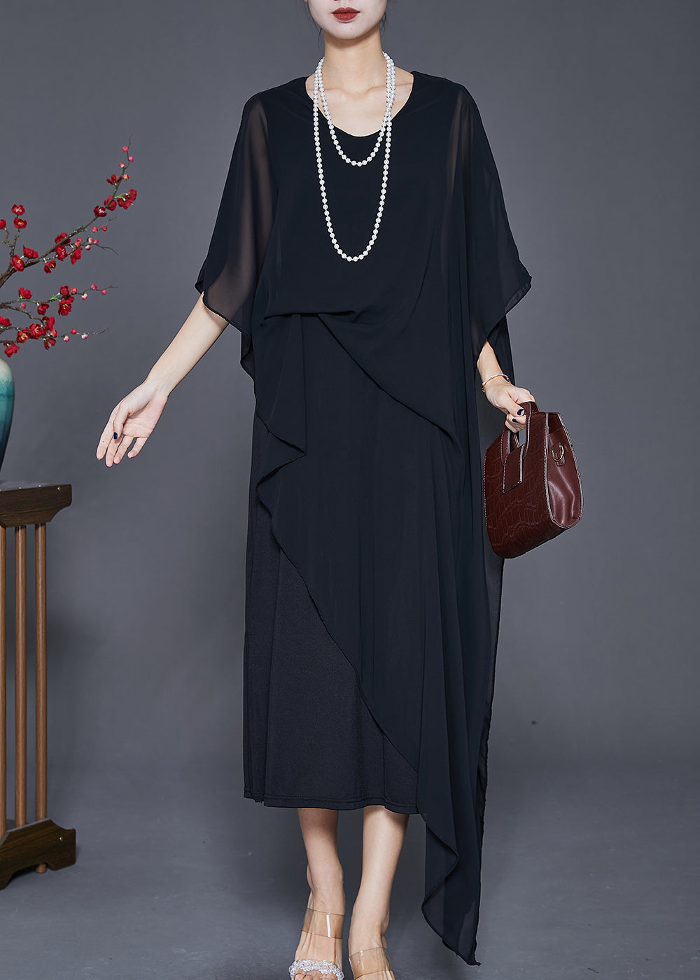 Black Draping Chiffon Robe Dresses Asymmetrical Cloak Sleeves Ada Fashion