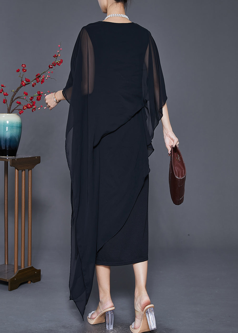 Black Draping Chiffon Robe Dresses Asymmetrical Cloak Sleeves Ada Fashion