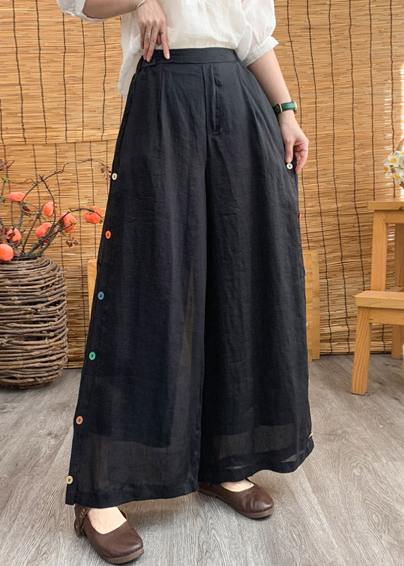 Black Elastic Waist Solid Linen Wide Leg Pants LY3004 - fabuloryshop
