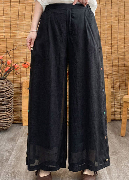 Black Elastic Waist Solid Linen Wide Leg Pants LY3004 - fabuloryshop