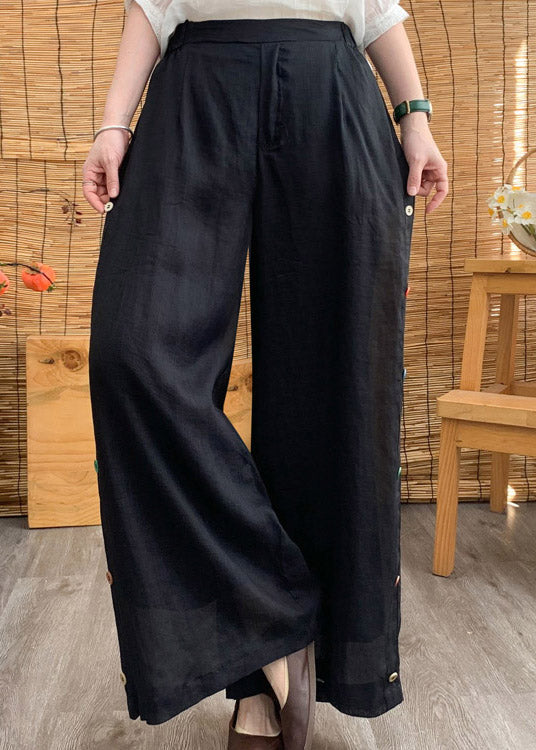 Black Elastic Waist Solid Linen Wide Leg Pants LY3004 - fabuloryshop