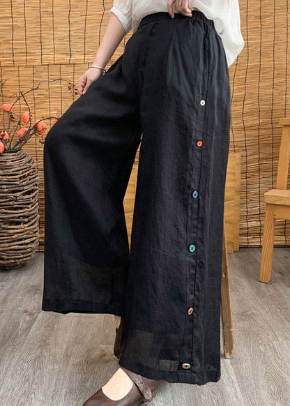 Black Elastic Waist Solid Linen Wide Leg Pants LY3004 - fabuloryshop