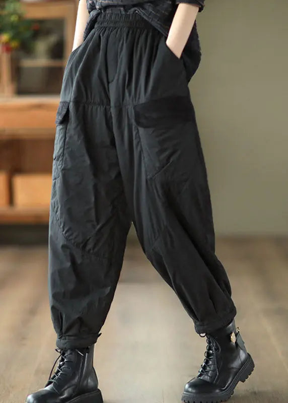 Black Elastic Waist Thick Fleece Pants Winter Ada Fashion