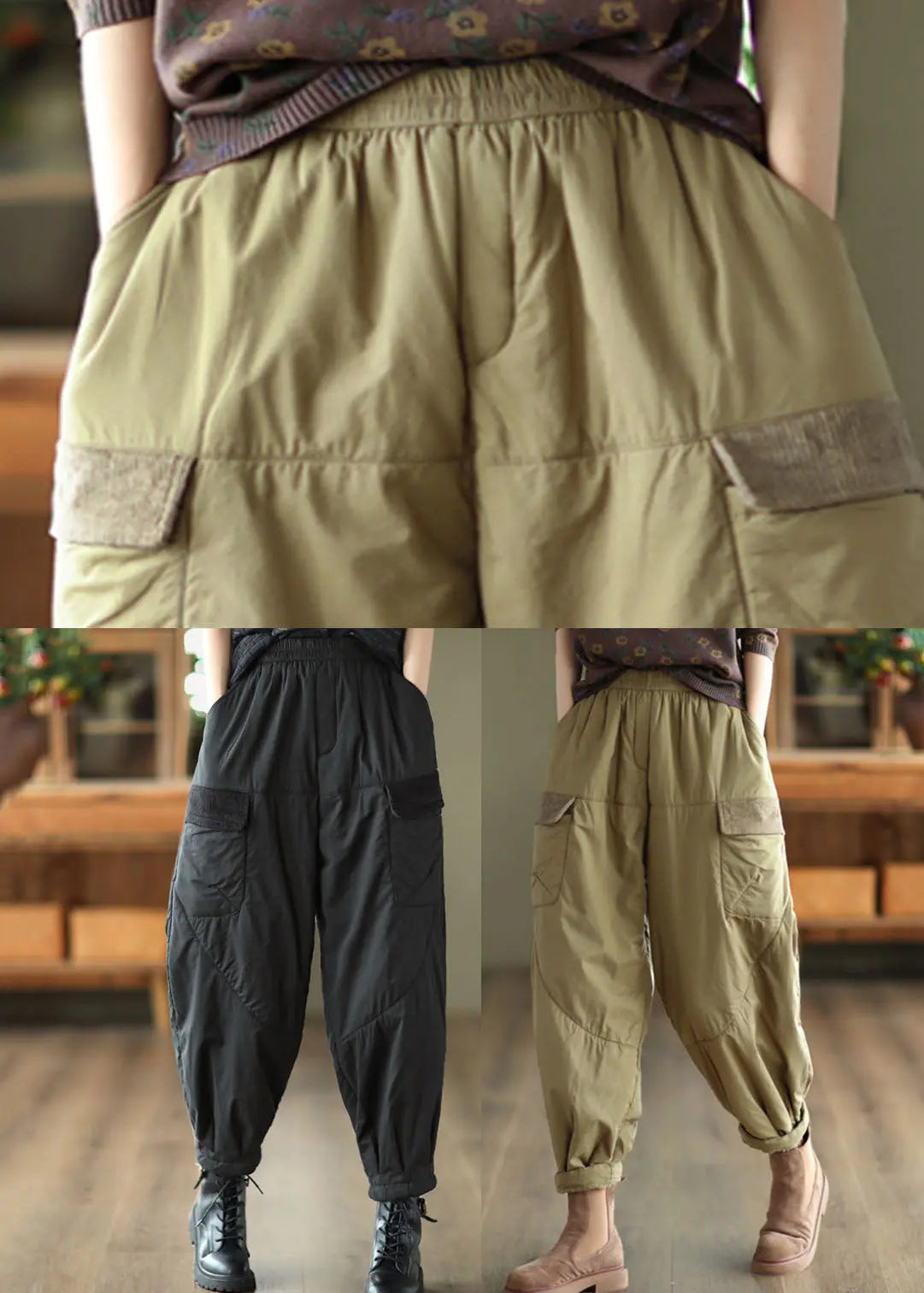 Black Elastic Waist Thick Fleece Pants Winter Ada Fashion