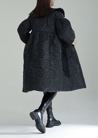 Black Embossed Cotton Filled Coat Peter Pan Collar Lantern Sleeve Ada Fashion